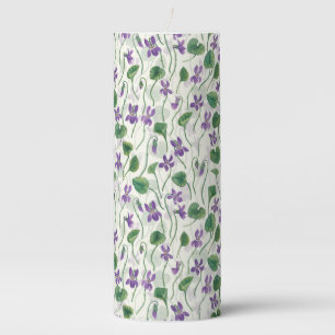 Watercolor violets on off white pillar candle