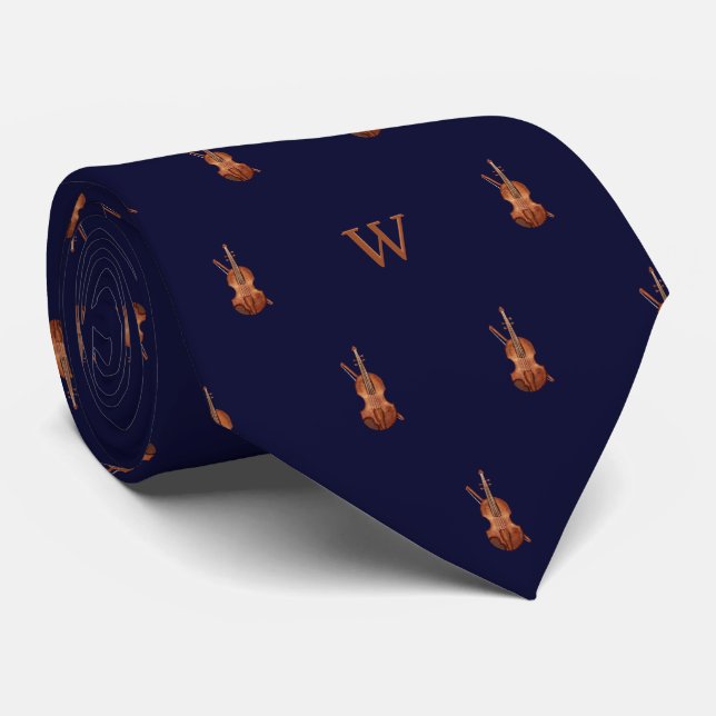 Watercolor Violin Monogram Initial Midnight Blue Neck Tie (Rolled)