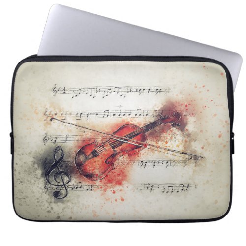 Watercolor Violin Rust Cream Black Sheet Music Laptop Sleeve