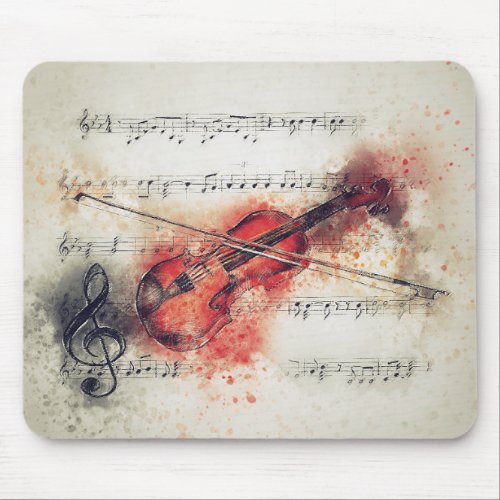 Watercolor Violin Sheet Music Rust Orange Cream Mouse Pad