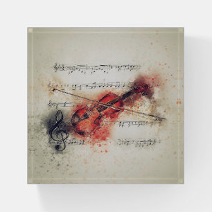 Watercolor Violin Sheet Music Rust Orange Cream Paperweight