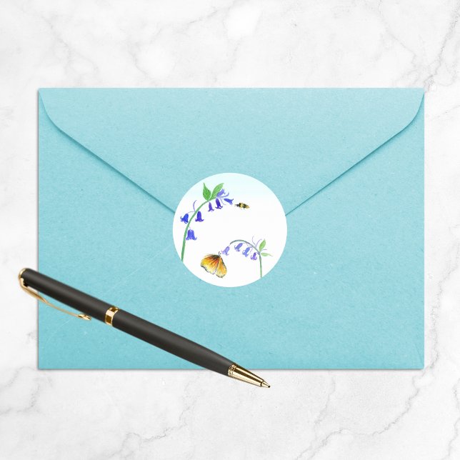 Watercolor Virginia Bluebells With Butterfly Classic Round Sticker (Creator Uploaded)