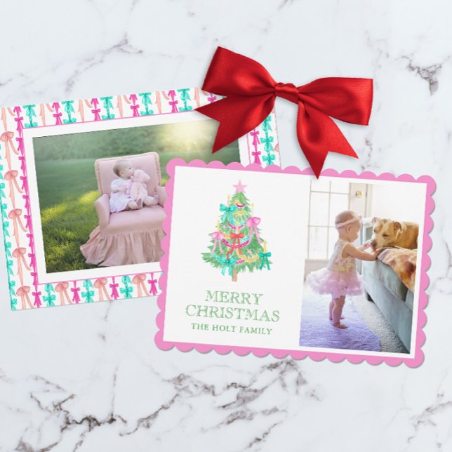 Watercolor Vivid Pink Bow Coquette Christmas Photo Holiday Card (Creator Uploaded)