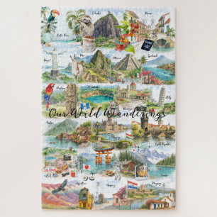 Watercolor Wanderlust Travel Collage Jigsaw Puzzle