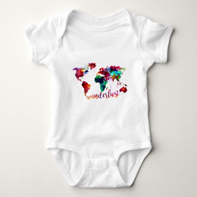 Watercolor Wanderlust World Map Baby Bodysuit (Front)