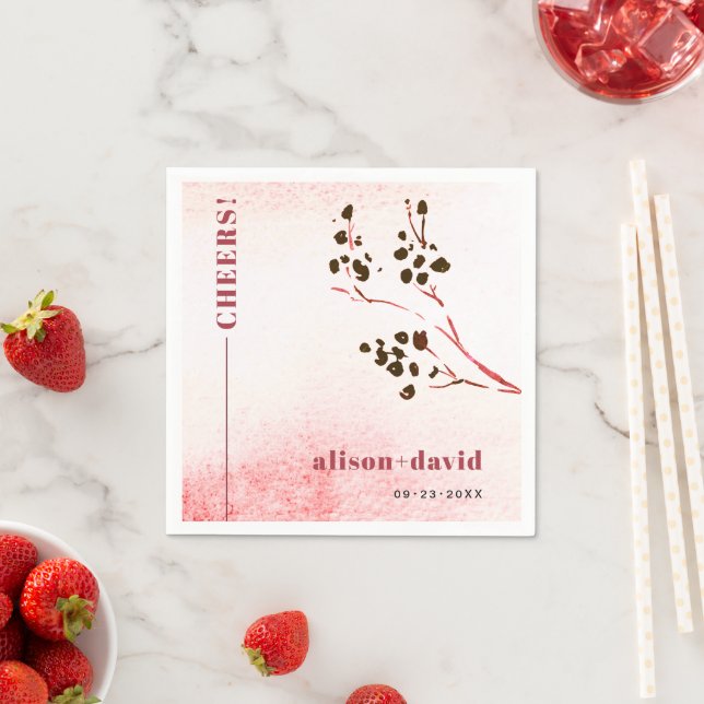 Watercolor wash and branch Japandi CHEERS wedding Napkins (Insitu)