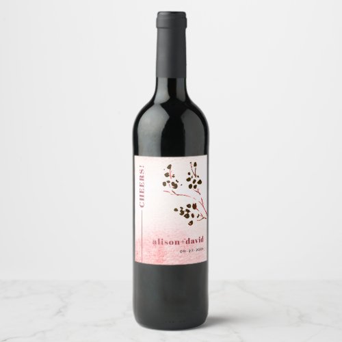 Watercolor wash and  branch Japandi CHEERS wedding Wine Label