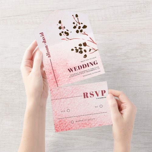 Watercolor wash and branch Japandi wedding All In One Invitation