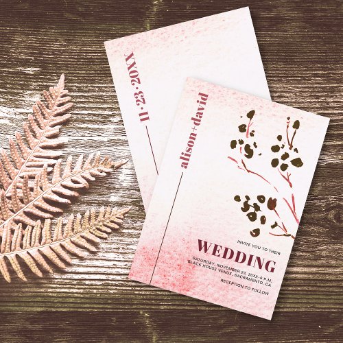 Watercolor wash and branch Japandi wedding Invitation