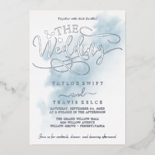 Watercolor Wash Blue and Silver Foil Wedding Foil Invitation