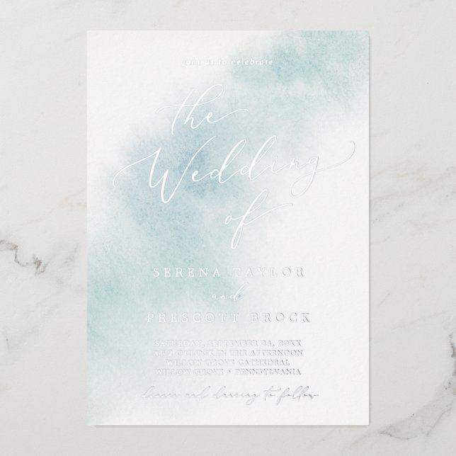 Watercolor Wash | Blue and Silver Foil Wedding Foil Invitation (Front)
