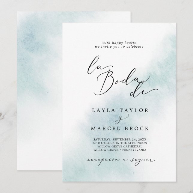 Watercolor Wash | Blue La Boda De Wedding Invitation (Front/Back)
