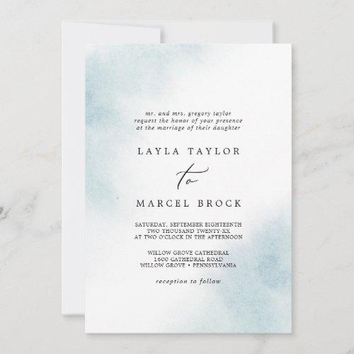 Watercolor Wash  Blue Traditional Wedding Invitation