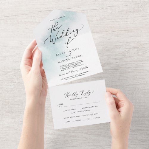 Watercolor Wash  Blue Wedding All In One Invitation