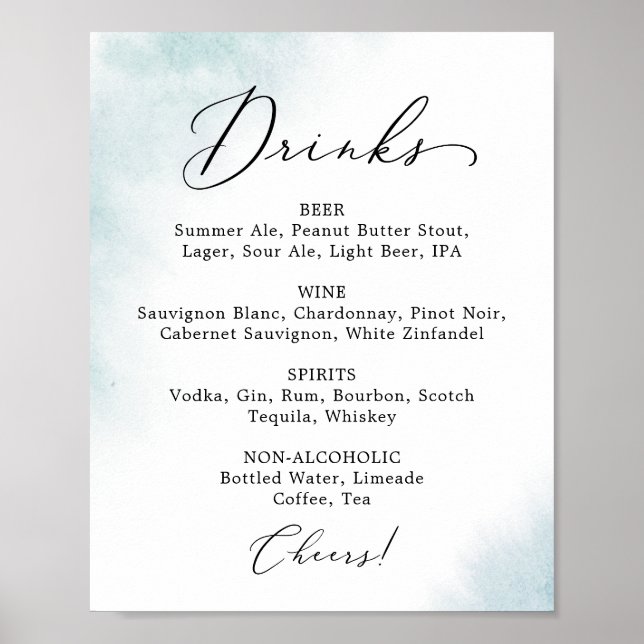 Watercolor Wash | Blue Wedding Drink Menu Sign (Front)