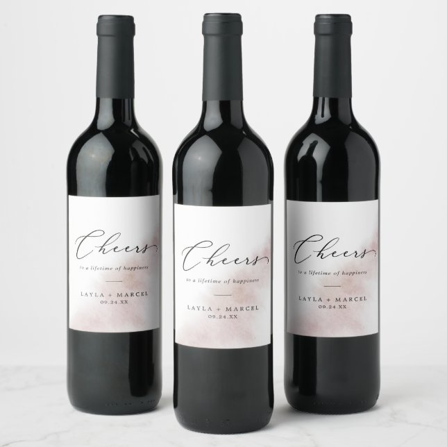 Watercolor Wash Blush Cheers Wedding Wine Labels (Bottles)