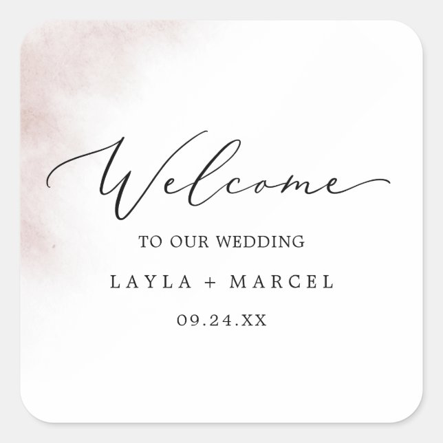 Watercolor Wash | Blush Wedding Welcome Square Sticker (Front)