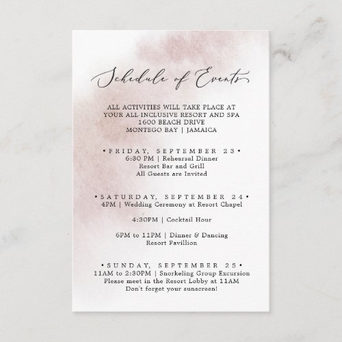 Watercolor Wash  Blush Weekend Schedule of Events Enclosure Card