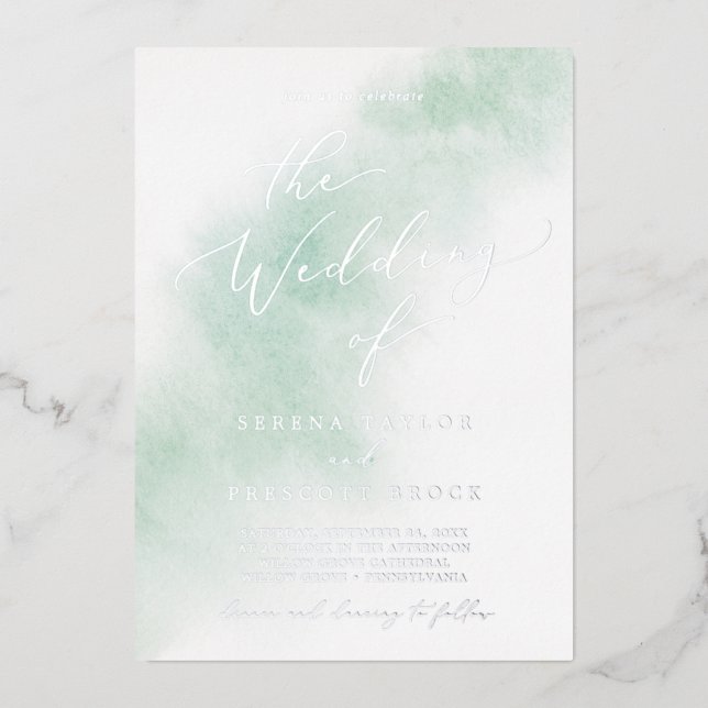 Watercolor Wash | Green and Silver Foil Wedding Invitation (Front)