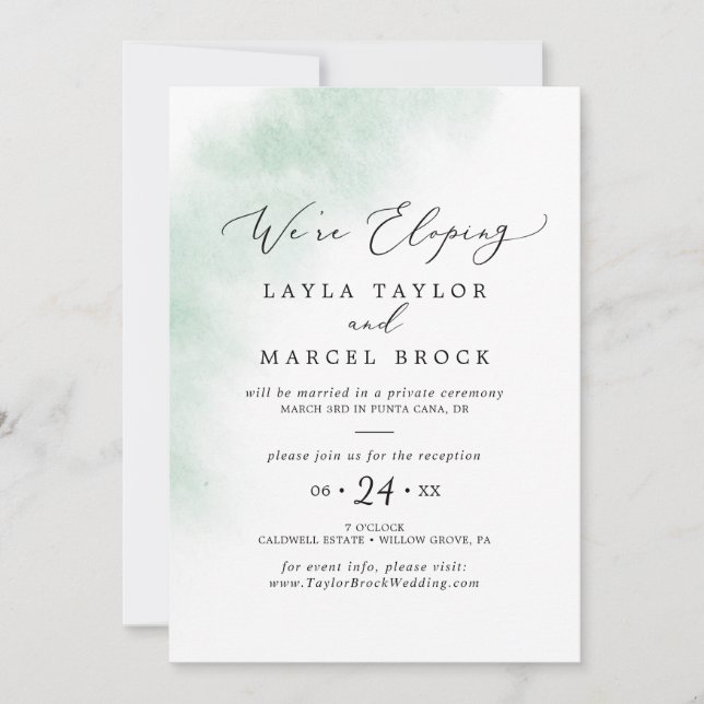 Watercolor Wash | Green Elopement Reception Invitation (Front)