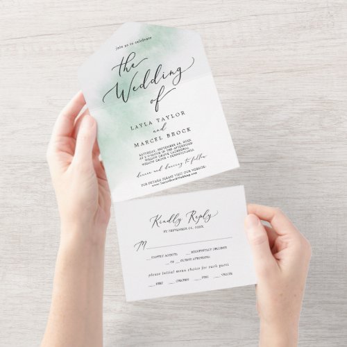 Watercolor Wash  Green Wedding All In One Invitation