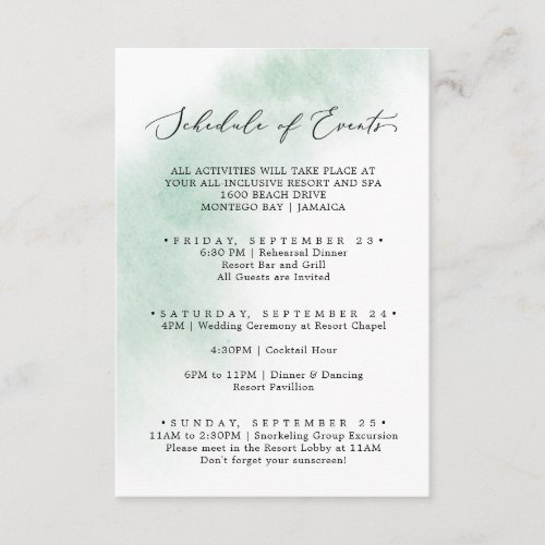 Watercolor Wash  Green Weekend Schedule of Events Enclosure Card