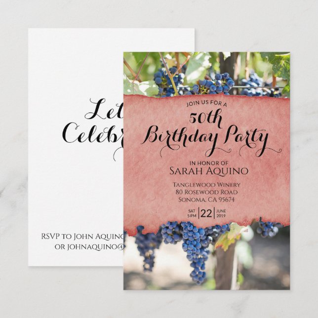Watercolor Wash Hanging Grapes 50th Birthday Invitation (Front/Back)