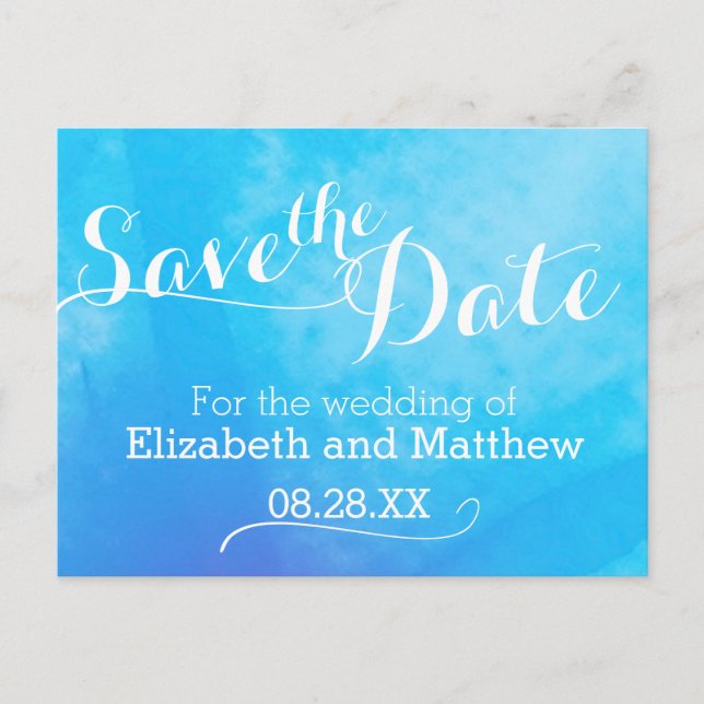 Watercolor wash painted blue save the date card (Front)