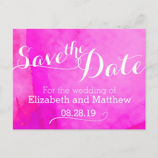 Watercolor wash painted pink save the date card (Front)