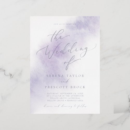 Watercolor Wash  Purple and Silver Foil Wedding Foil Invitation