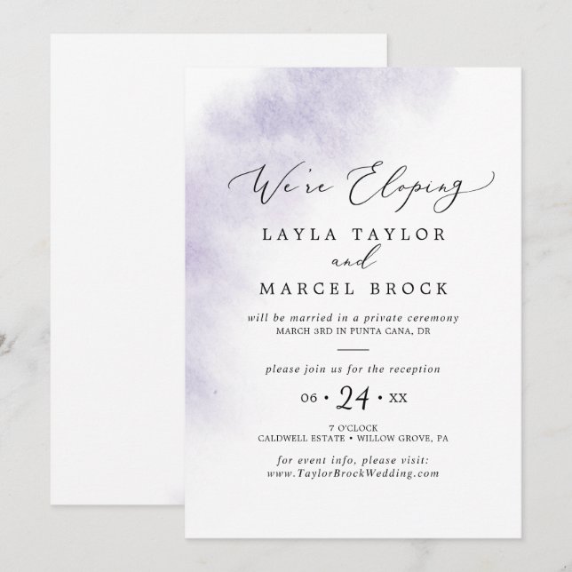 Watercolor Wash | Purple Elopement Reception Invitation (Front/Back)