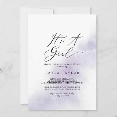 Watercolor Wash  Purple Its A Girl Baby Shower Invitation