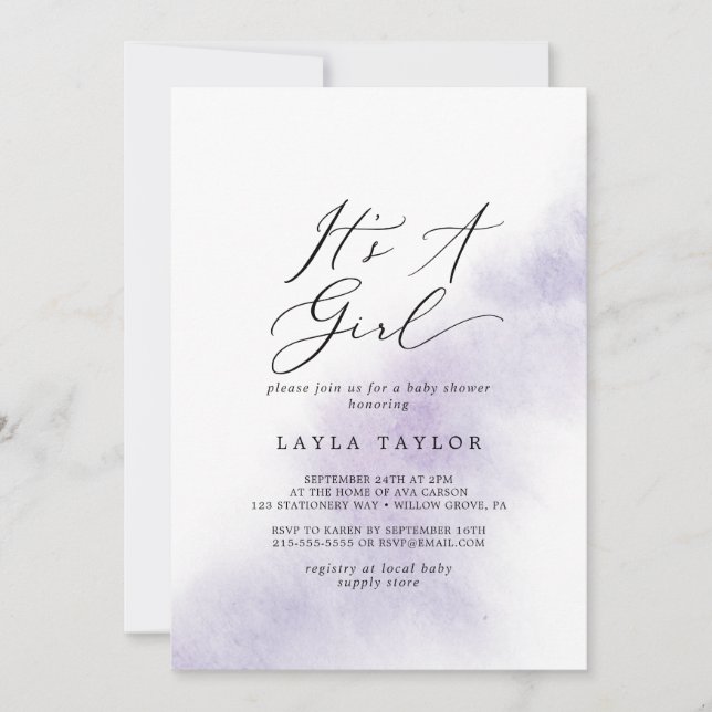 Watercolor Wash | Purple It's A Girl Baby Shower Invitation (Front)