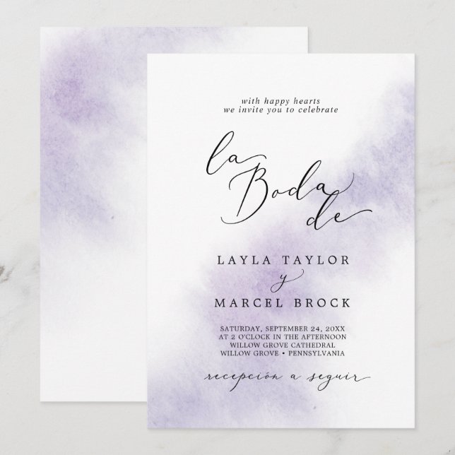 Watercolor Wash | Purple La Boda De Wedding Invitation (Front/Back)