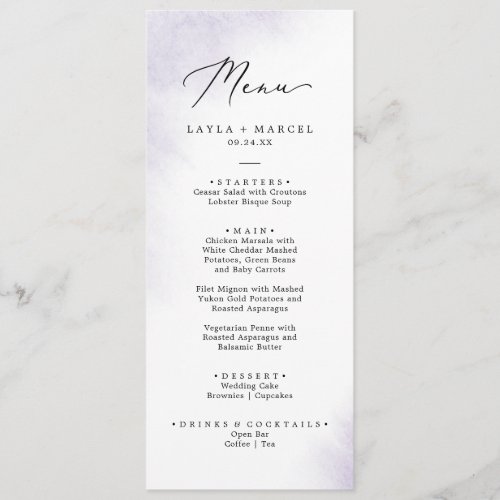 Watercolor Wash  Purple Wedding Dinner Menu