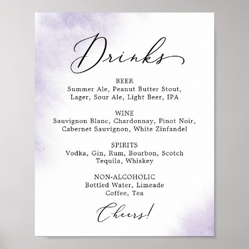 Watercolor Wash  Purple Wedding Drink Menu Sign
