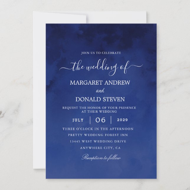 watercolor wash Royal blue wedding invitation (Front)
