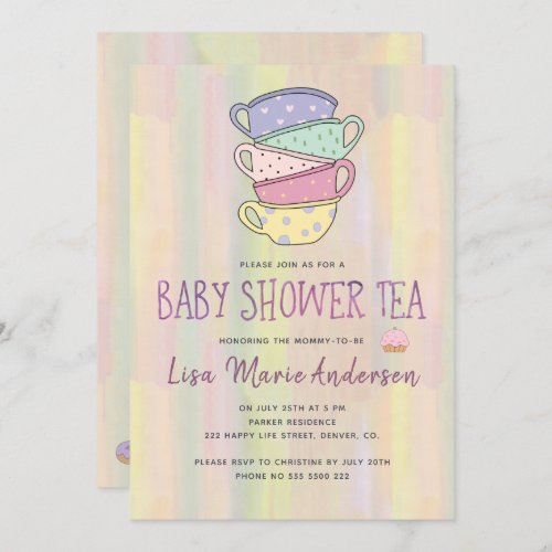 Watercolor washed multicolor cups baby shower tea invitation