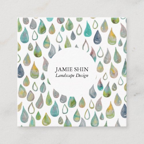 Watercolor Water Drops Landscaper Gardener Modern Square Business Card