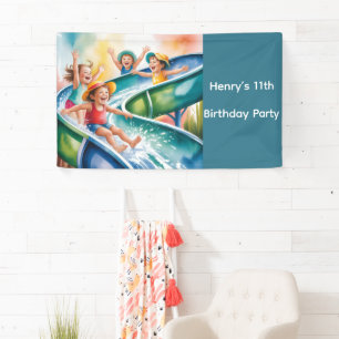 Watercolor Water Slide Kids Age Birthday Party Banner