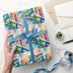 Watercolor Water Slide Kids Age Birthday Party Wrapping Paper