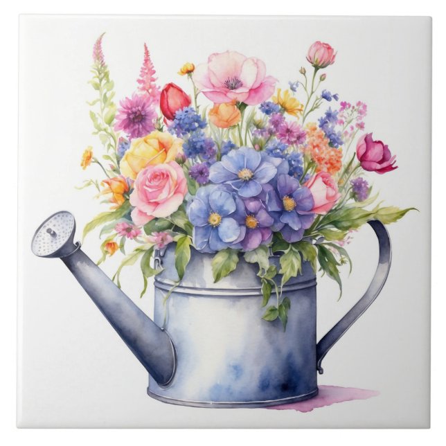 Watercolor Watering Can with Garden Flowers  Ceramic Tile (Front)