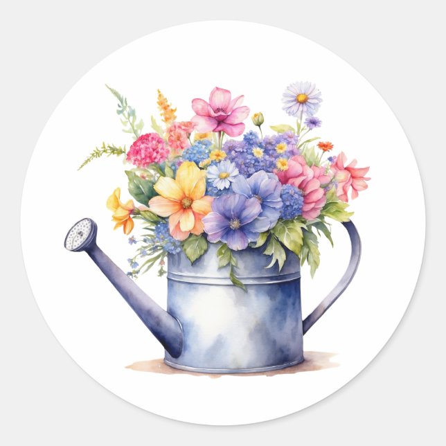 Watercolor Watering Can with Garden Flowers  Classic Round Sticker (Front)