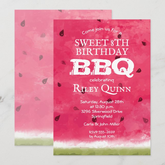 Watercolor Watermelon Birthday Party Invitation (Front/Back)