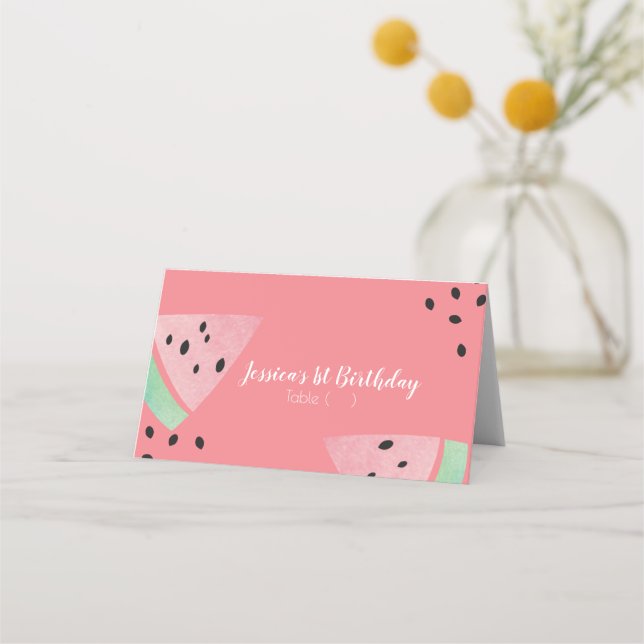 Watercolor Watermelon Birthday Seeds Pink Tent Place Card (Front)