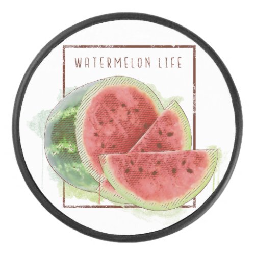 Watercolor watermelon design hockey puck