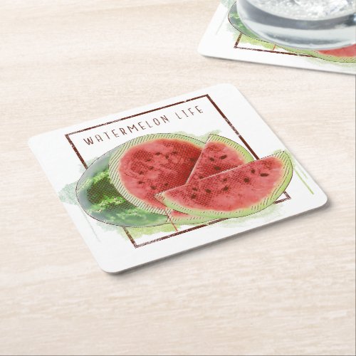 Watercolor watermelon design square paper coaster