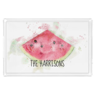 Watercolor Watermelon Family Name Summer Drinks Acrylic Tray