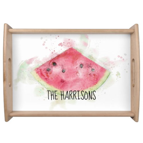 Watercolor Watermelon Family Name Summer Drinks Serving Tray