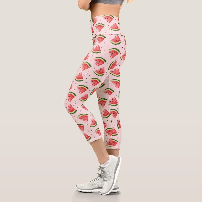 Watercolor Watermelon Fruit Pattern Capri Leggings (Left)